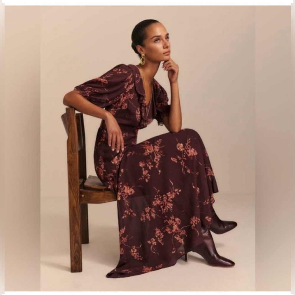 New Reformation Women Brown Long Floral Shorts Sleeve Dress 4 - Picture 3 of 13
